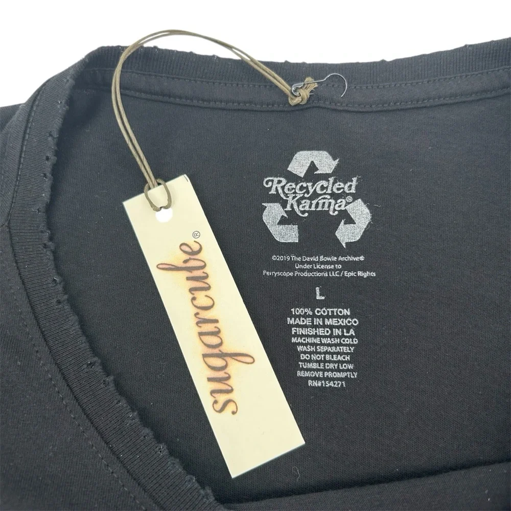 NWT Recycled Karma David Bowie Chewed Neck and Sleeve Cuff Graphic Band Tee READ - Picture 7 of 8